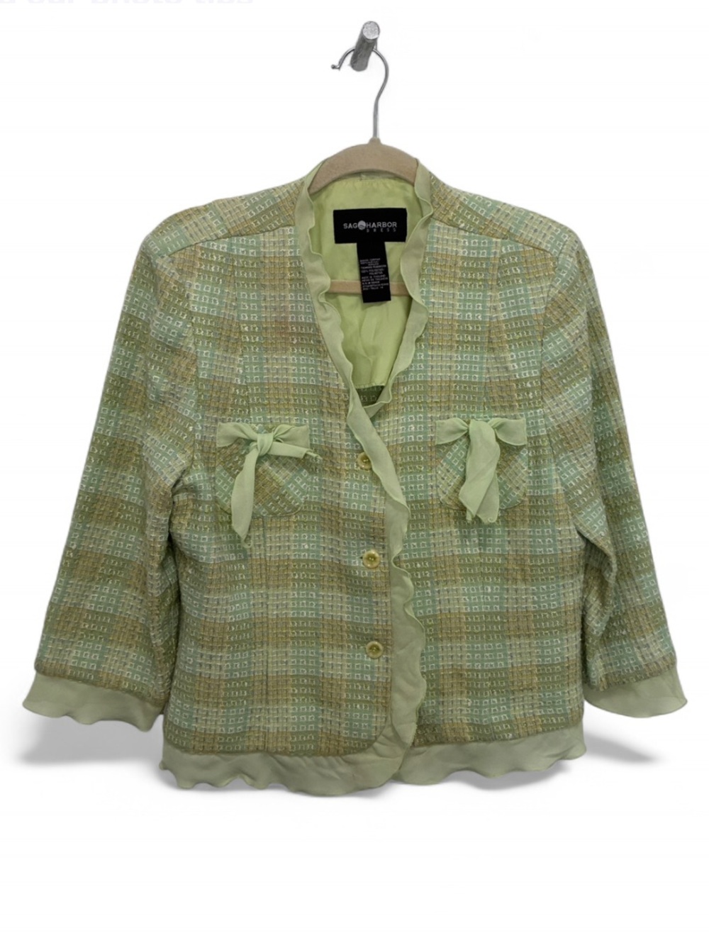 Y2K Sag Harbor Light Green Tweed Bow Ruffle Trim Blazer Jacket